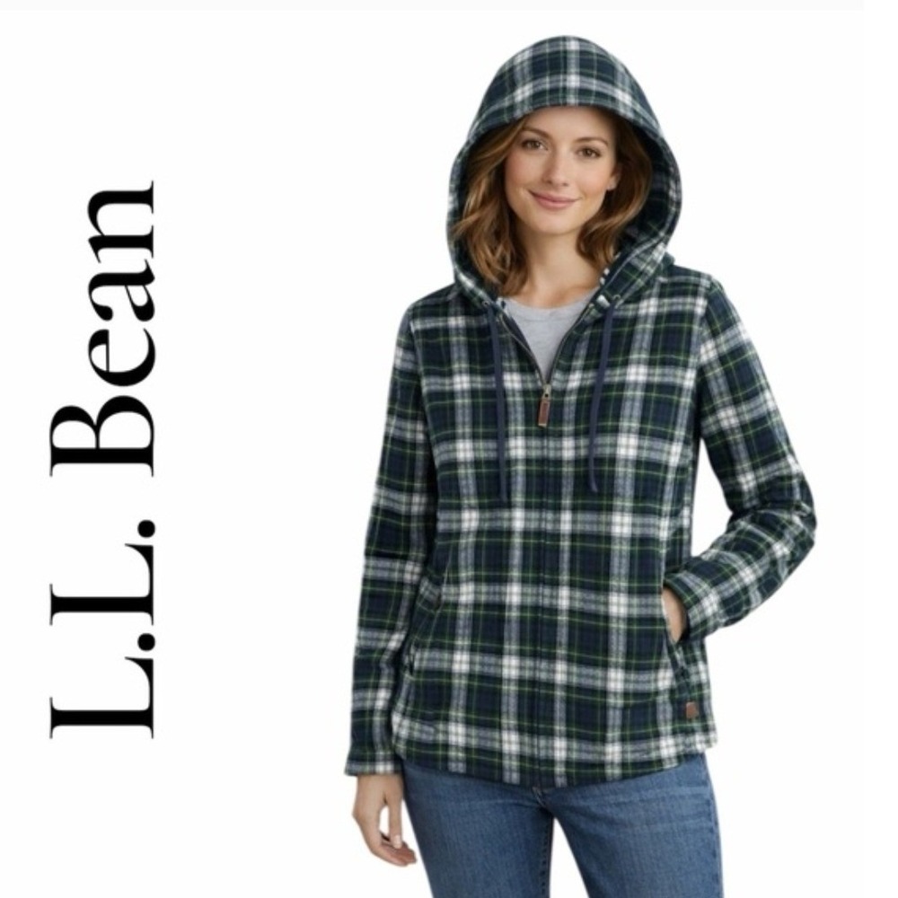 LL Bean Flannel Hoodie Full Zip Plaid Green Navy Relaxed Fit‎ Sz L